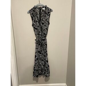 London Times Womens Black White Floral Paisley Ruffle Neck Midi Dress Size 10